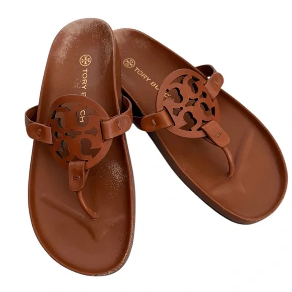 Tory Burch Brown Leather Logo Sandals. Womens size 8. - Picture 1 of 8